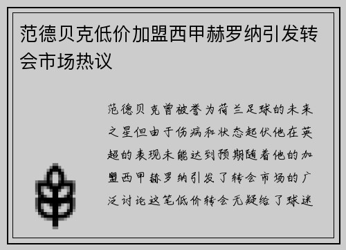 范德贝克低价加盟西甲赫罗纳引发转会市场热议