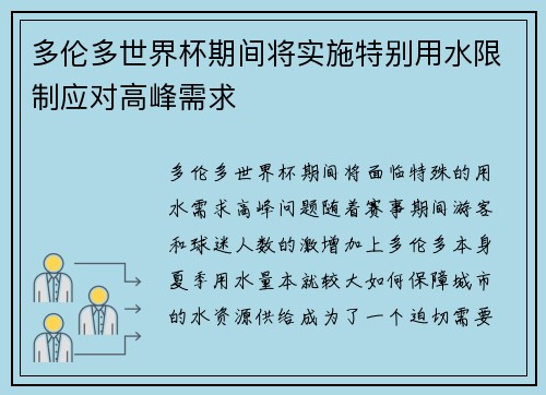 多伦多世界杯期间将实施特别用水限制应对高峰需求